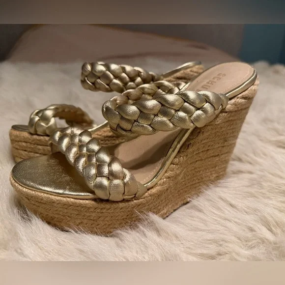 SCHUTZ Metallic Gold Braided Platform Heels - Picture 2 of 4